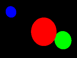 Three spheres of three different colors. All the spheres are flat.